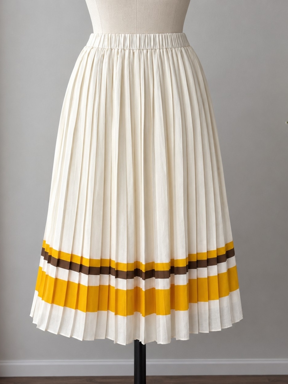 Banana Republic Cream Pleated Midi Skirt with Yellow and Brown Stripes
